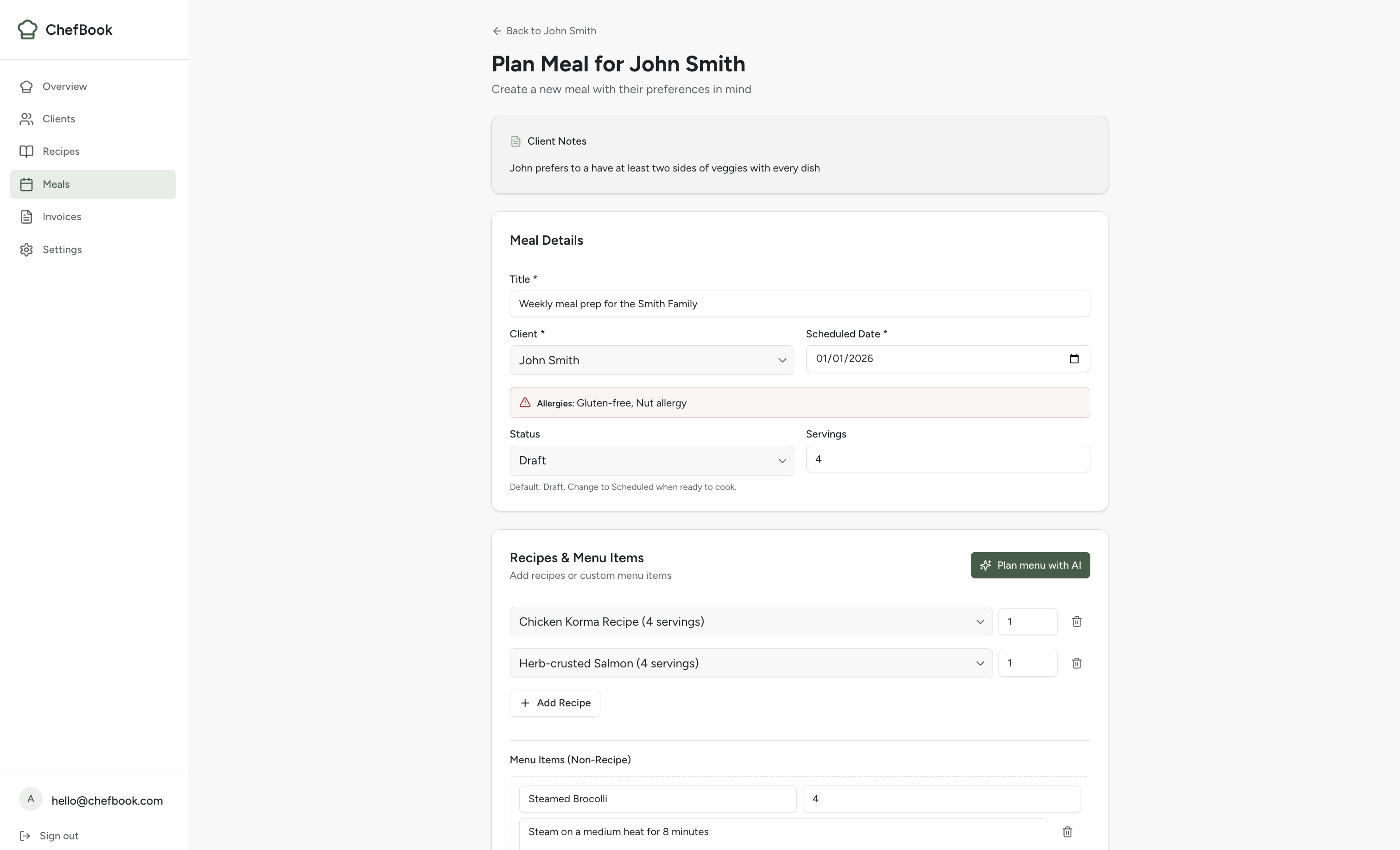 Meal planning screen showing client selection, recipes list, and additional items