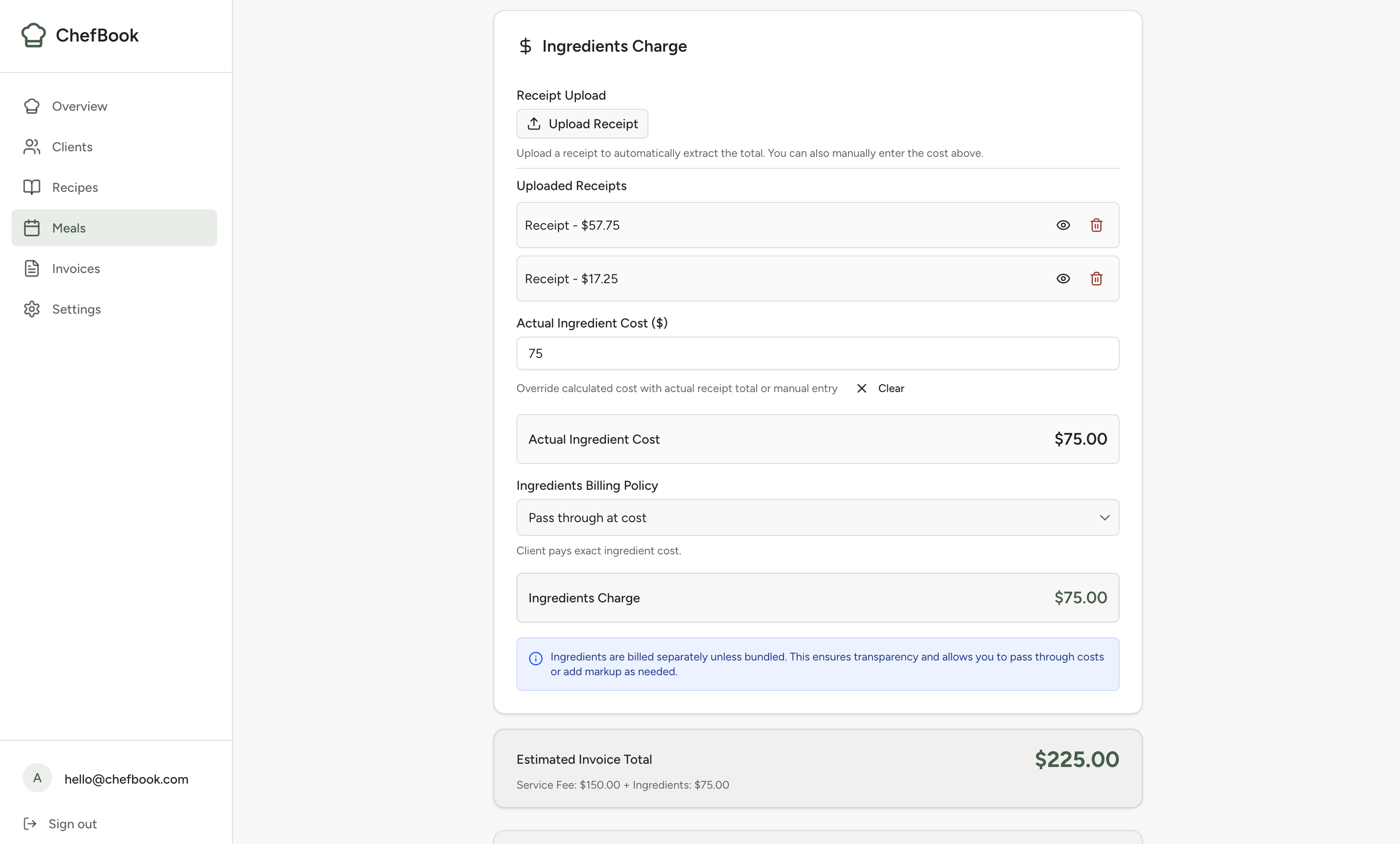 Prep & Costs section showing receipt upload and parsed line items with prices