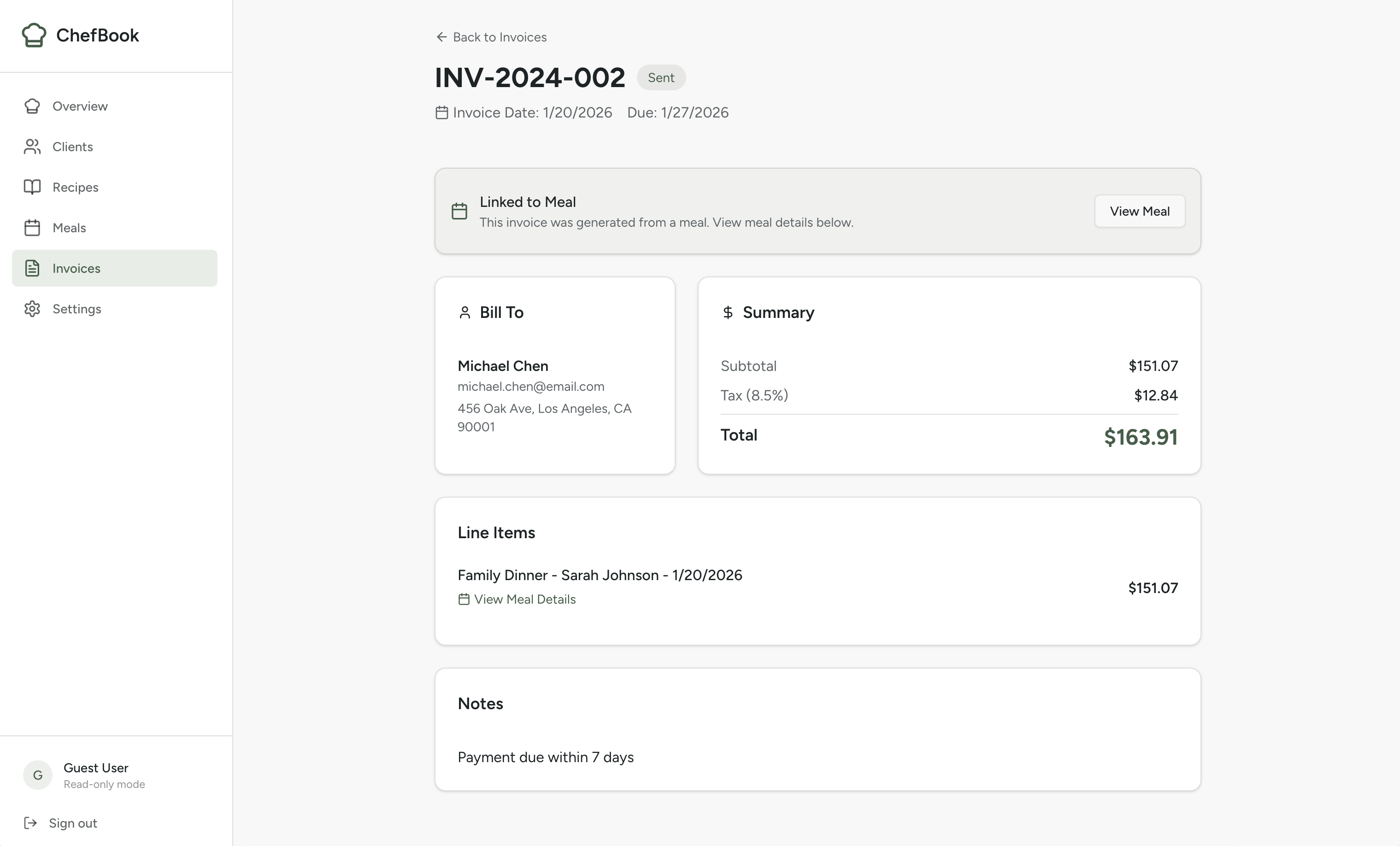 Invoice screen showing service fee and ingredients as separate line items with total